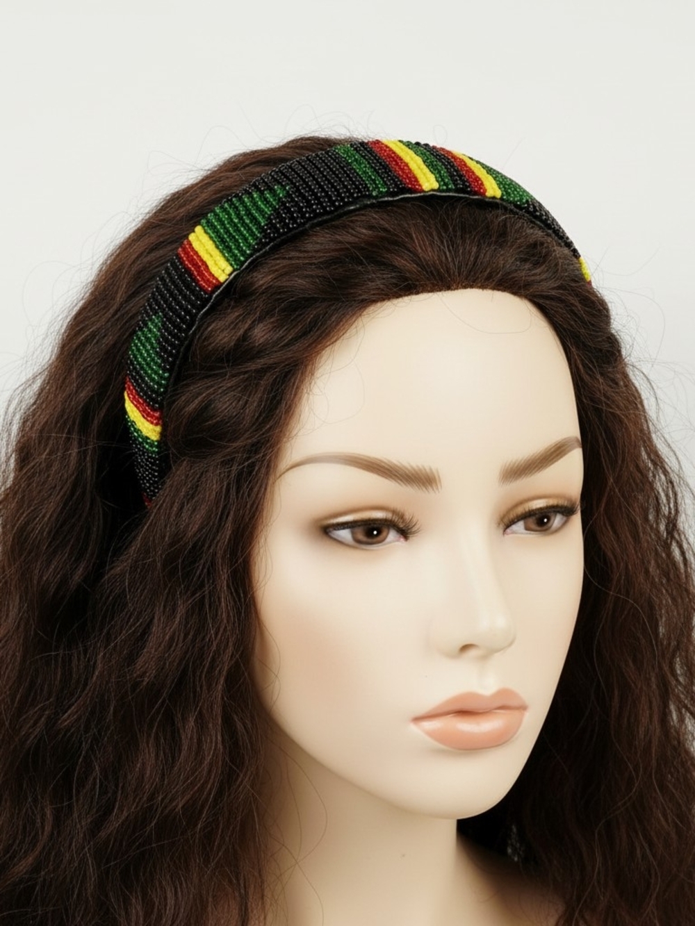 Beaded Multicolor Stripe Headband - Black with Green, Yellow & Red